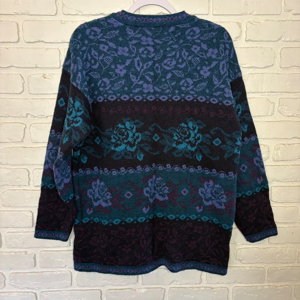 Vintage Classic Elements Blue Knit Floral Print Sweater‎ Women's Size Medium